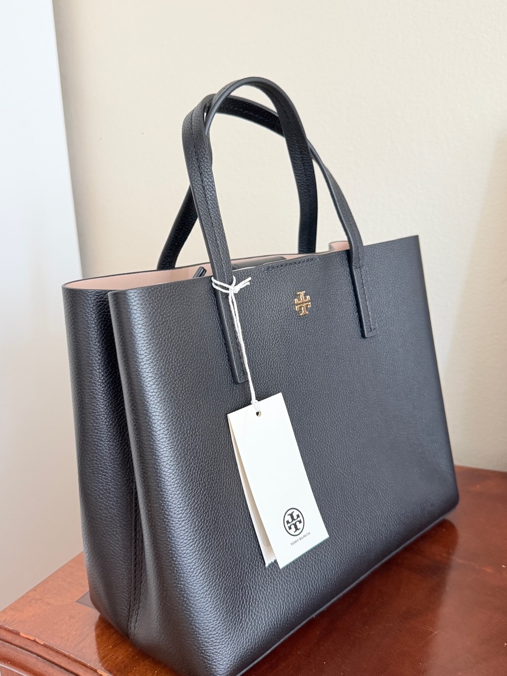 Tory Burch Black Pebbled Leather Tote with Pink Interior